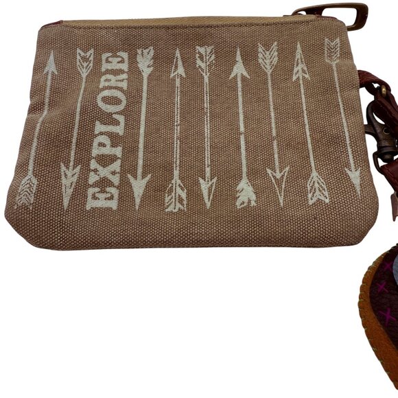 Primitives by Kathy Zipper Pouch Explore Arrows Tan Canvas Bag Elephant Keychain - Picture 2 of 10
